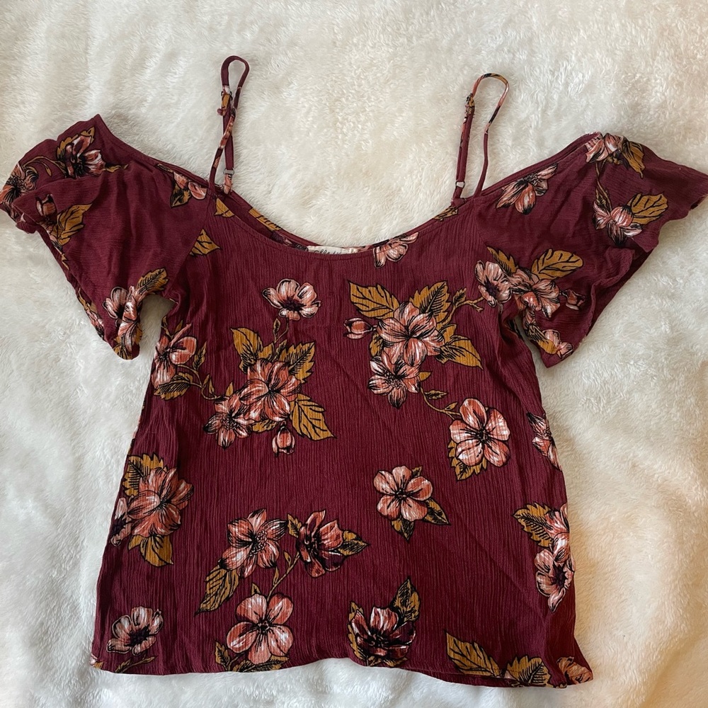 Chloe & Katie, off the shoulder top, burgundy with pink and gold flowers.